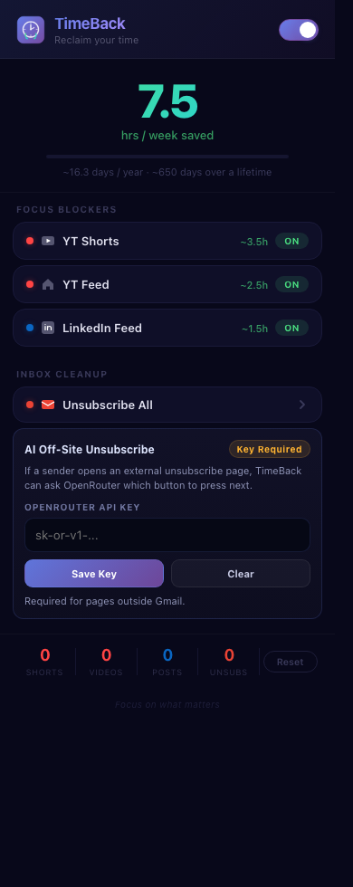 TimeBack β³ Block Shorts, Feeds & Mass-Unsubscribe from Gmail preview